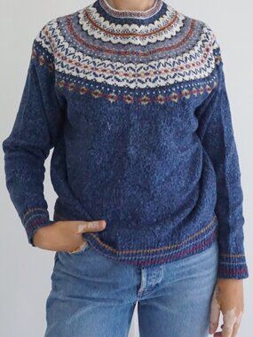Vintage Heirloom Collectibles Blue Ivory Fair Isle Nordic Yoke Cotton Sweater S